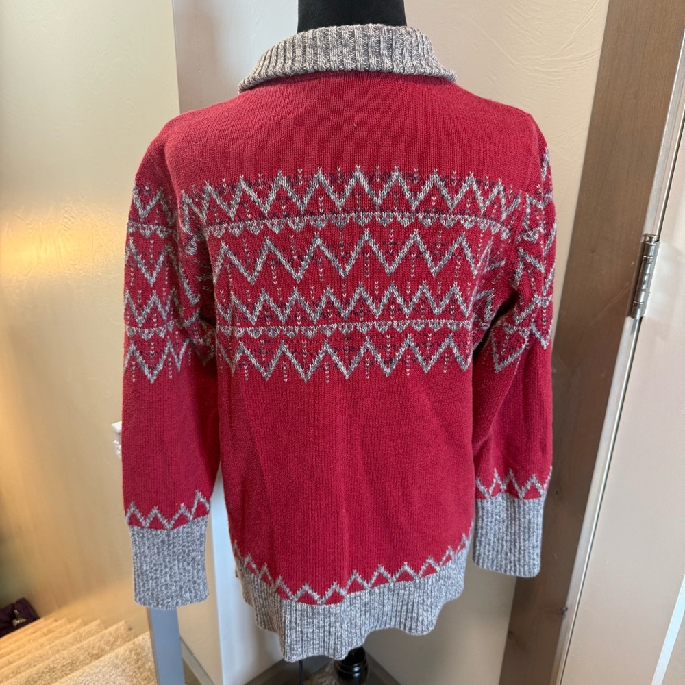Eddie Bauer Full Zip Fair Isle Collared Grey Red Sweater Christmas Winter Knit L - Picture 5 of 8